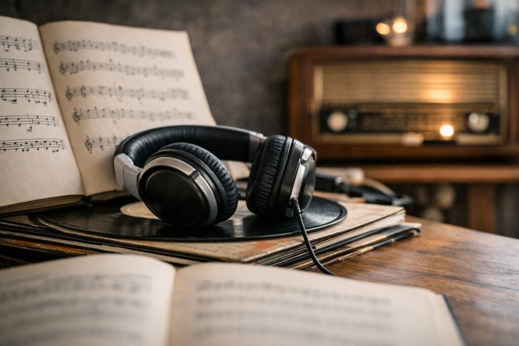 Auriculares sobre vinilos y partituras: la música como puente con la memoria y las emociones.