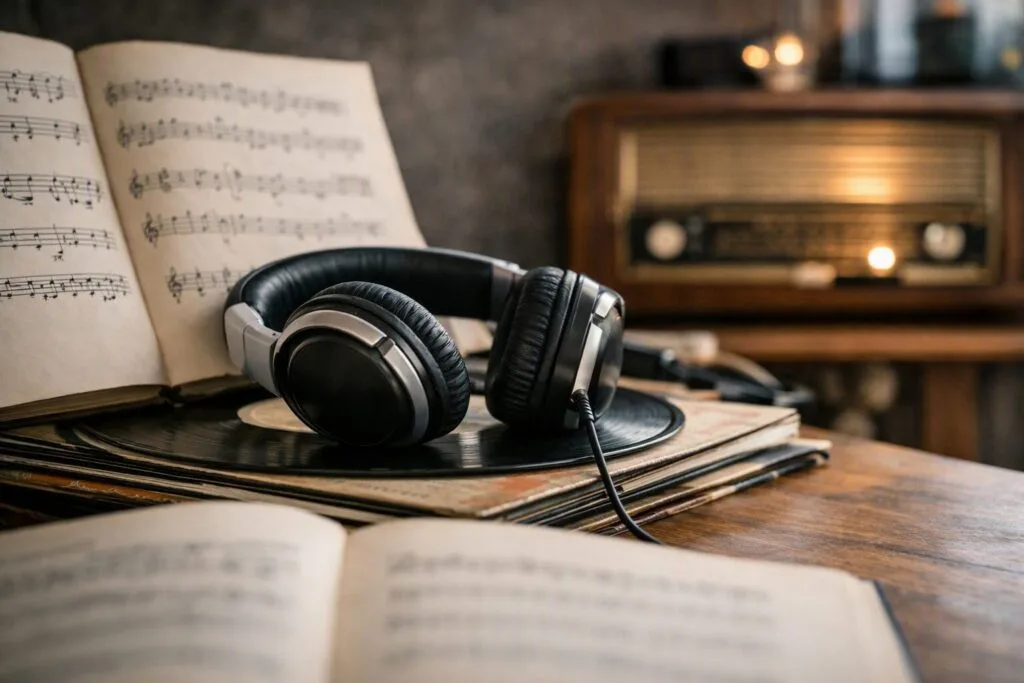 Auriculares sobre vinilos y partituras: la música como puente con la memoria y las emociones.