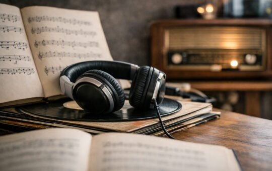 Auriculares sobre vinilos y partituras: la música como puente con la memoria y las emociones.